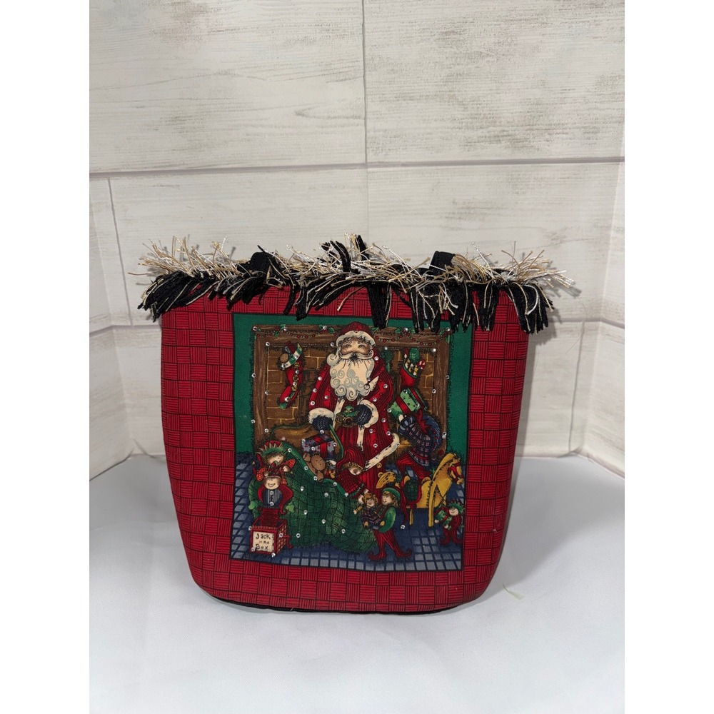 Vintage Christmas Santa Claus Tapestry‎ Tote Bag Red Gingham Fringe Handbag